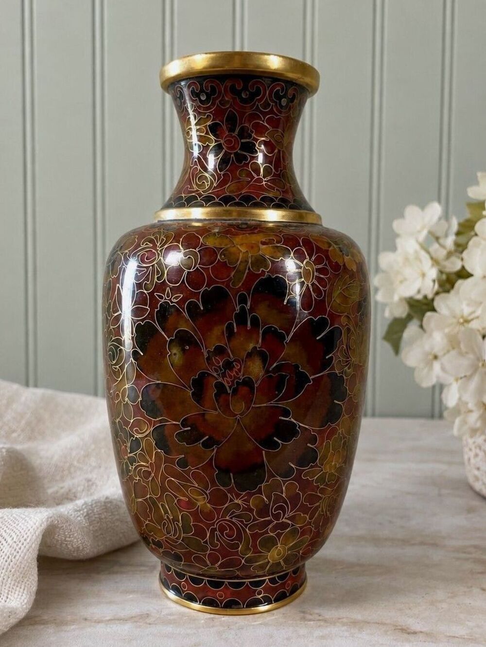 Vintage Maroon Cloisonne Floral Enameled Vase 7.5"